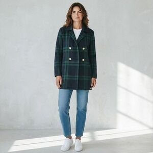 Anne Klein Plaid Knit Coat S Green Navy Cardigan Dark Academia Military Style